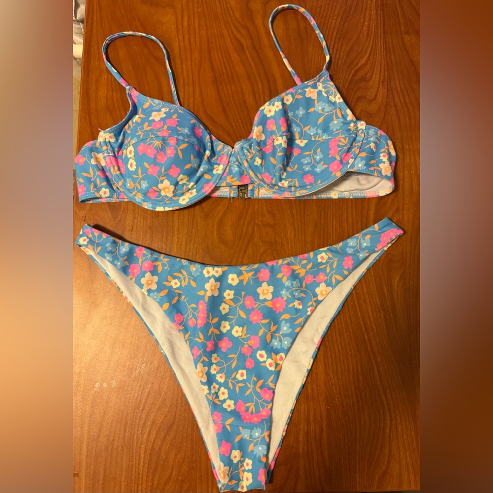 Floral Bikini Set in Blue and Pink